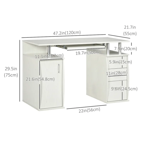 HOMCOM 47" Computer Desk with Keyboard Tray and Storage Drawers, Home Office Workstation Table with Storage Shelves, White - Image 3