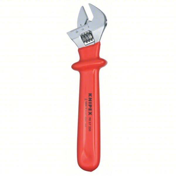 KNIPEX Adjustable Wrench: Plastic Dipped, Chrome, 10 in Overall Lg, 1 1/8 in Jaw Capacity