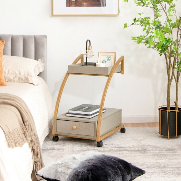 Modern 2-Tier Rolling End Table with Tray Top and Pull-Out Drawer - Image 4