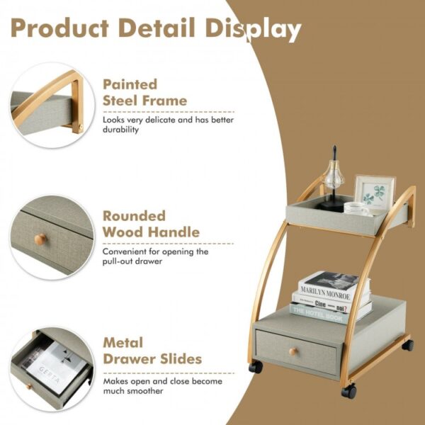 Modern 2-Tier Rolling End Table with Tray Top and Pull-Out Drawer - Image 6