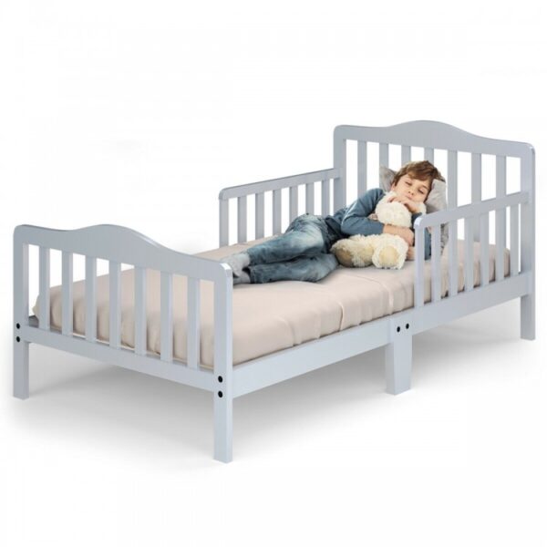 Classic Design Kids Wood Toddler Bed Frame with Two Side Safety Guardrails