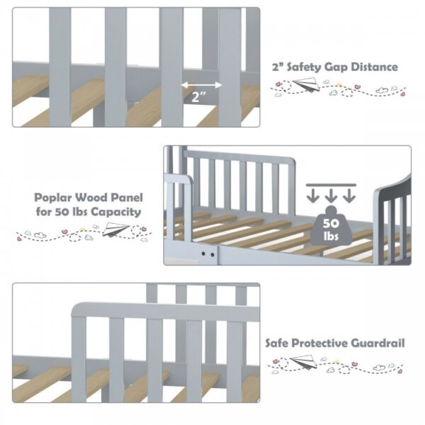 Classic Design Kids Wood Toddler Bed Frame with Two Side Safety Guardrails - Image 4