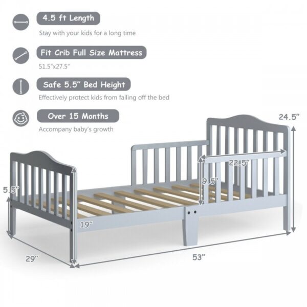 Classic Design Kids Wood Toddler Bed Frame with Two Side Safety Guardrails - Image 5