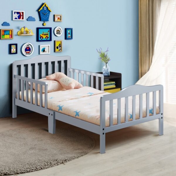 Classic Design Kids Wood Toddler Bed Frame with Two Side Safety Guardrails - Image 3