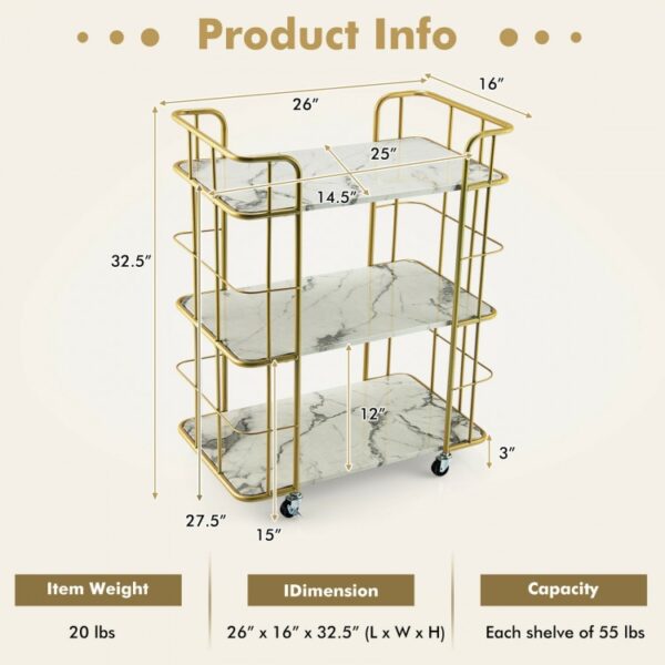 3-Tier Metal Kitchen Storage Serving Cart Trolley with Marble Tabletop and Handles - Image 3