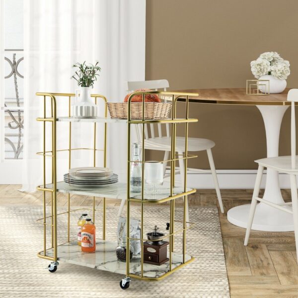 3-Tier Metal Kitchen Storage Serving Cart Trolley with Marble Tabletop and Handles - Image 5