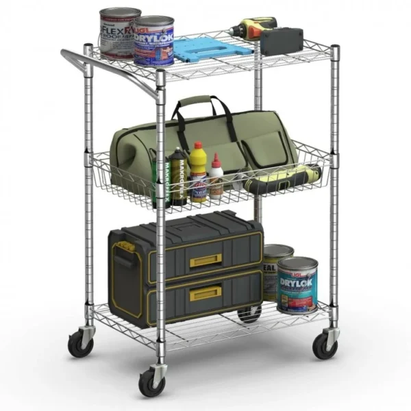 3-Tier Rolling Utility Cart with Handle Bar and Adjustable Shelves - Image 5