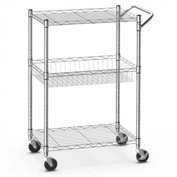 3-Tier Rolling Utility Cart with Handle Bar and Adjustable Shelves