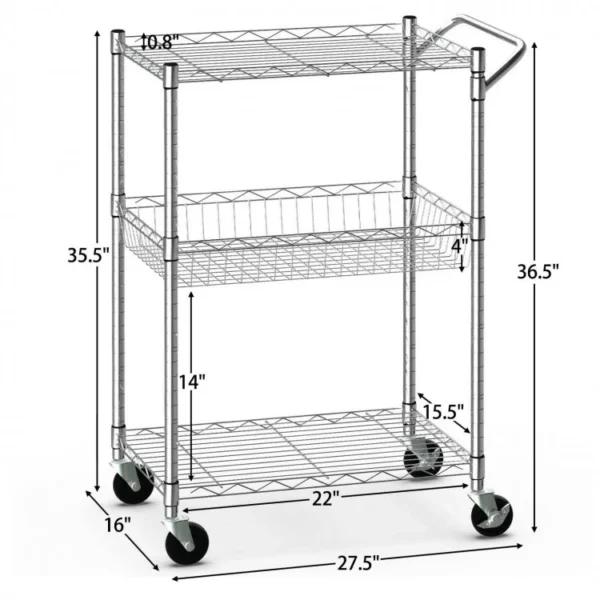 3-Tier Rolling Utility Cart with Handle Bar and Adjustable Shelves - Image 8