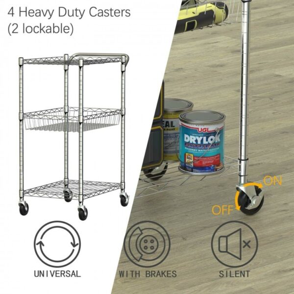 3-Tier Rolling Utility Cart with Handle Bar and Adjustable Shelves - Image 6