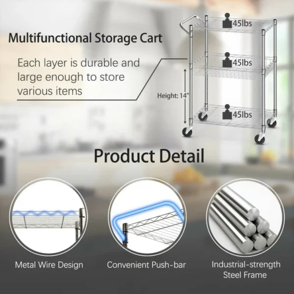 3-Tier Rolling Utility Cart with Handle Bar and Adjustable Shelves - Image 3