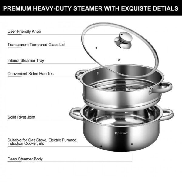 9.5 QT 2 Tier Stainless Steel Steamer Cookware Boiler - Image 4