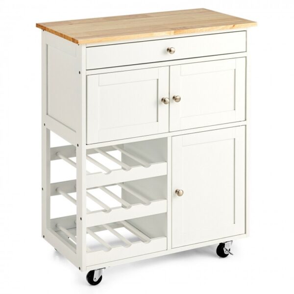 Kitchen Cart with Rubber Wood Top 3 Tier Wine Racks 2 Cabinets