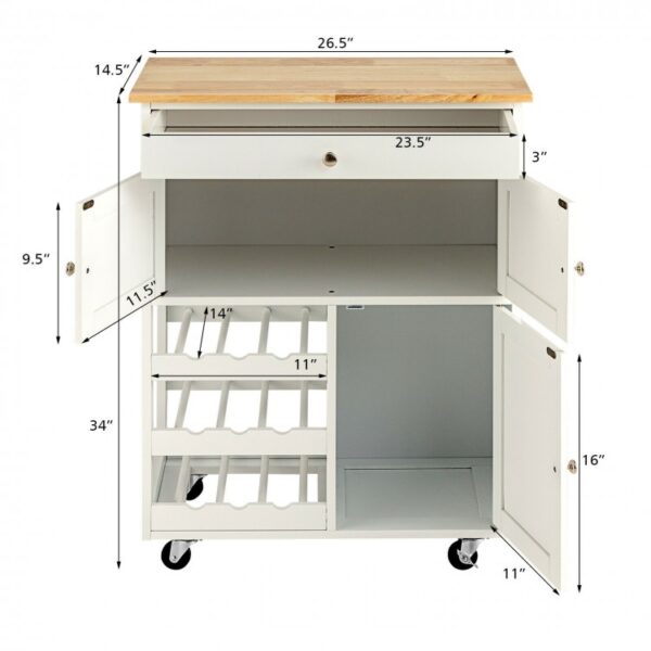 Kitchen Cart with Rubber Wood Top 3 Tier Wine Racks 2 Cabinets - Image 6