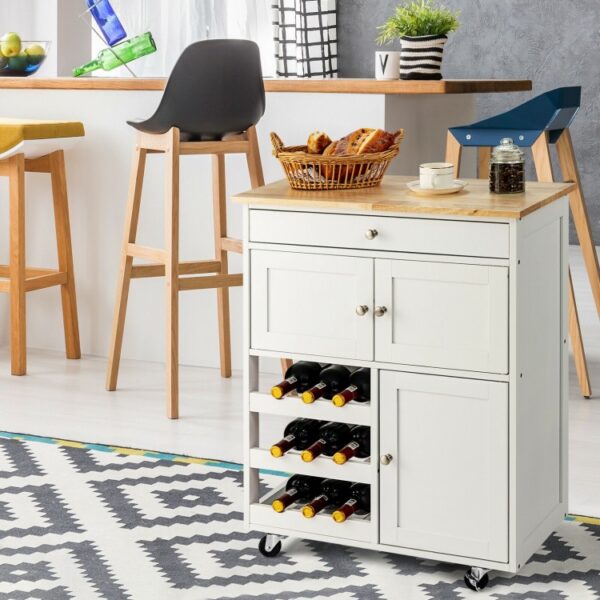 Kitchen Cart with Rubber Wood Top 3 Tier Wine Racks 2 Cabinets - Image 7