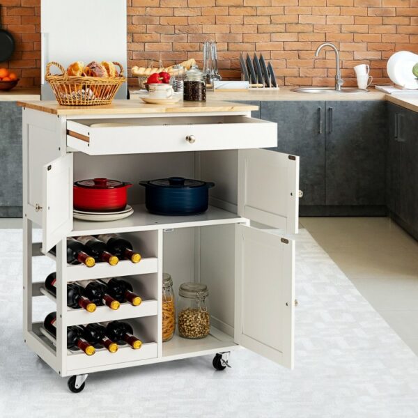 Kitchen Cart with Rubber Wood Top 3 Tier Wine Racks 2 Cabinets - Image 8