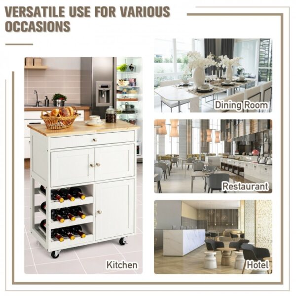 Kitchen Cart with Rubber Wood Top 3 Tier Wine Racks 2 Cabinets - Image 9