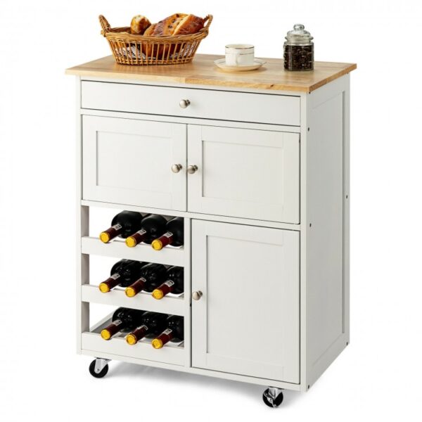 Kitchen Cart with Rubber Wood Top 3 Tier Wine Racks 2 Cabinets - Image 5