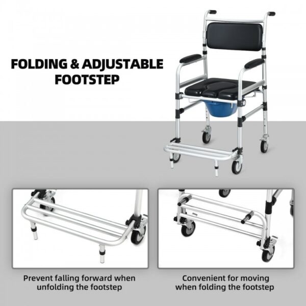 2-in-1 Aluminum Commode Shower Wheelchair with Locking Casters - Image 6