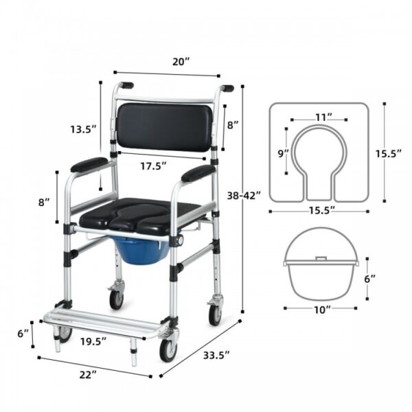 2-in-1 Aluminum Commode Shower Wheelchair with Locking Casters - Image 3