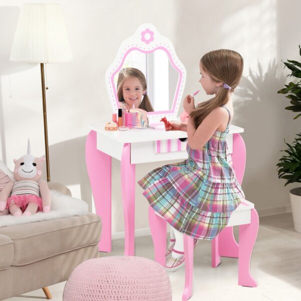 2-in-1 Toddler Vanity Set with Detachable Top and Cute Flower Patterns - Image 5