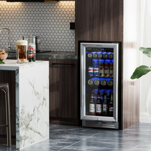 15 Inch 100 Can Built-in Freestanding Beverage Cooler Refrigerator with Adjustable Temperature and Shelf - Image 2