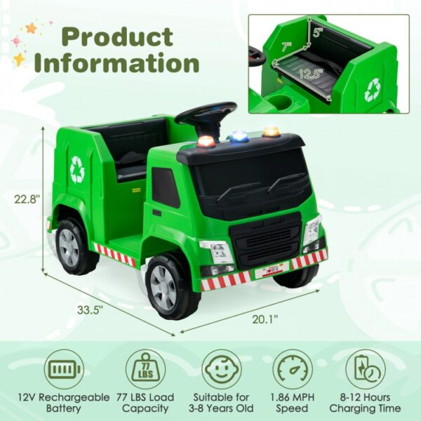 12V Kids Ride-on  Garbage Truck with Warning Lights and 6 Recycling Accessories - Image 2