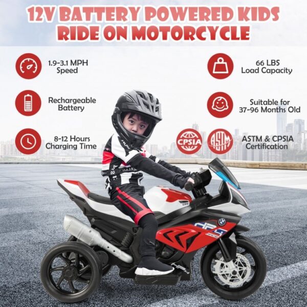 12V Licensed BMW Kids Motorcycle Ride-On Toy for 37-96 Months Old Kids - Image 2