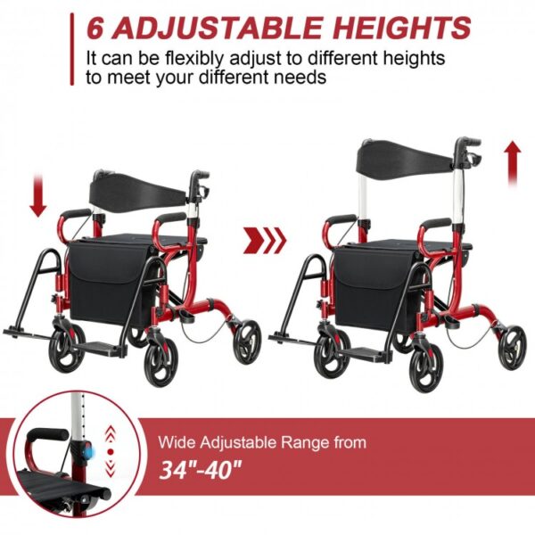 2-in-1 Folding Rollator Walker Transport Wheelchair with Seat and Reversible Backrest - Image 6