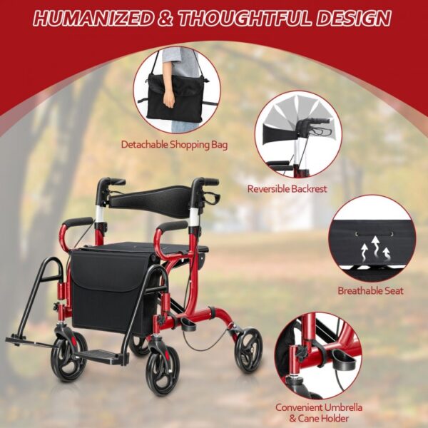 2-in-1 Folding Rollator Walker Transport Wheelchair with Seat and Reversible Backrest - Image 7