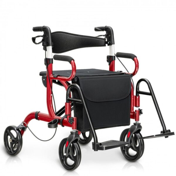 2-in-1 Folding Rollator Walker Transport Wheelchair with Seat and Reversible Backrest