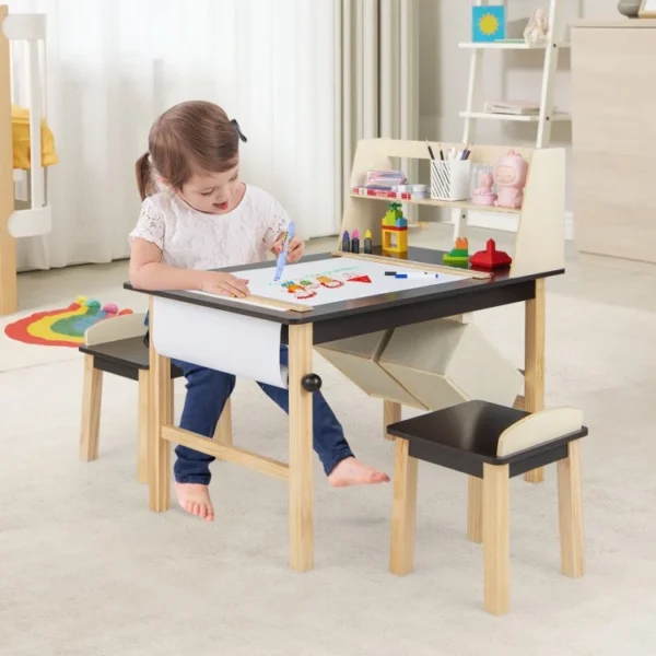 Kids Art Table and Chairs Set with Paper Roll and Storage Bins - Image 3