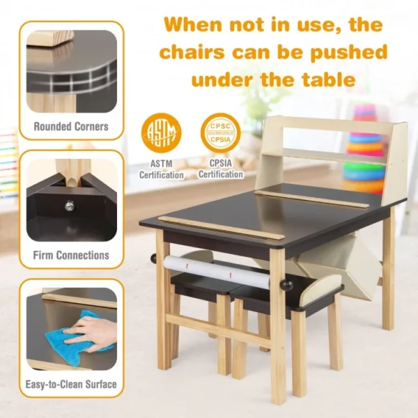 Kids Art Table and Chairs Set with Paper Roll and Storage Bins - Image 4