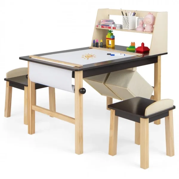 Kids Art Table and Chairs Set with Paper Roll and Storage Bins