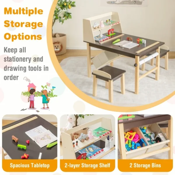 Kids Art Table and Chairs Set with Paper Roll and Storage Bins - Image 7