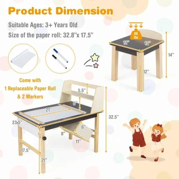 Kids Art Table and Chairs Set with Paper Roll and Storage Bins - Image 2