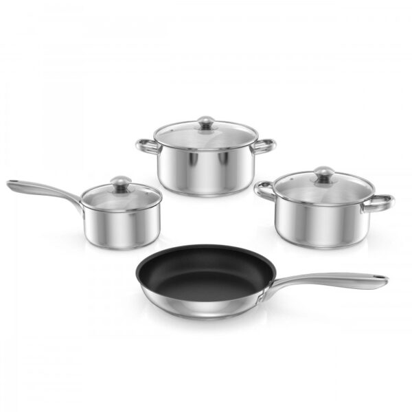 7-Pieces Stainless Steel Cookware Set with Tempered Glass Lid