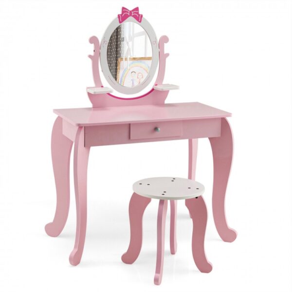 Kid Vanity Table Stool Set with Oval Rotatable Mirror