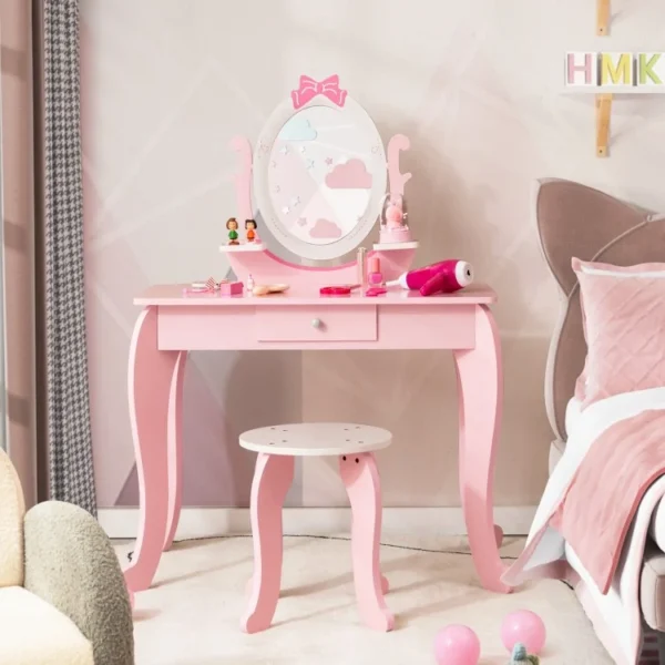 Kid Vanity Table Stool Set with Oval Rotatable Mirror - Image 2