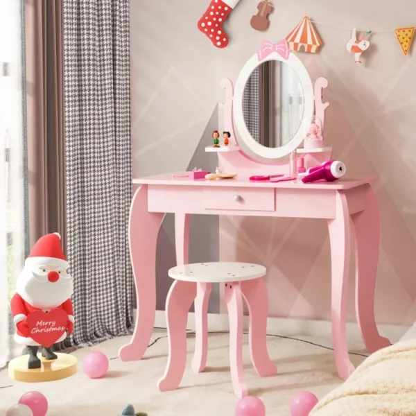 Kid Vanity Table Stool Set with Oval Rotatable Mirror - Image 3