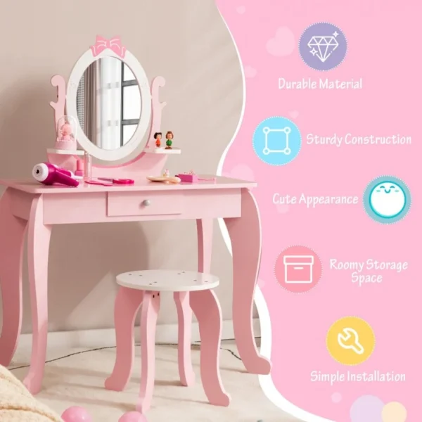 Kid Vanity Table Stool Set with Oval Rotatable Mirror - Image 4