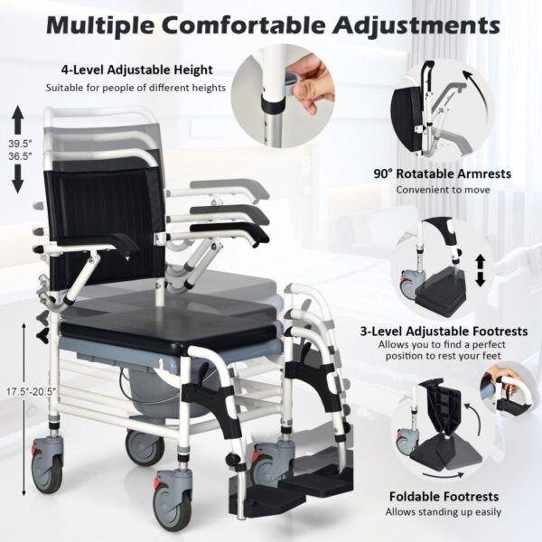 4-in-1 Bedside Commode Wheelchair with Detachable Bucket - Image 5