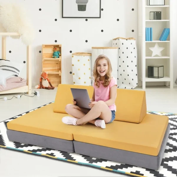 Girls Boys Modular Sofa and Play Couch Set with 2 Folding Mats and 2 Triangular Pillows - Image 3