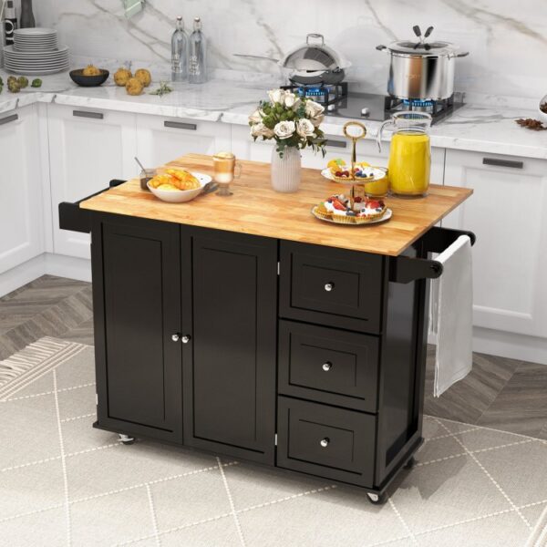 Kitchen Island Trolley Cart Wood with Drop-Leaf Tabletop and Storage Cabinet - Image 2