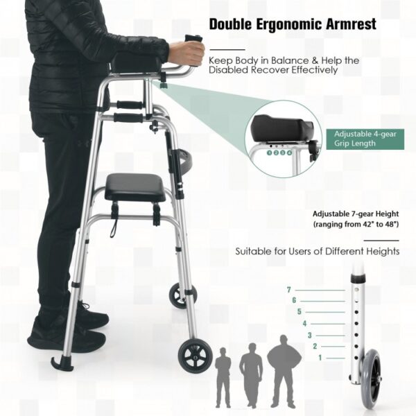 Height Adjustable Rolling Walker with Armrest Pad and Seat - Image 6