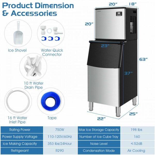 353LBS/24H Split Commercial Ice Maker with 198 LBS Storage Bin - Image 2