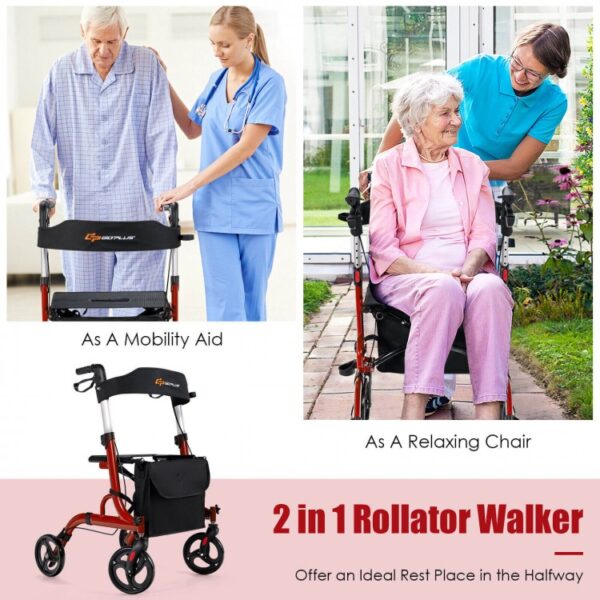 Folding Aluminum Rollator Walker with 8-inch Wheels and Seat - Image 3