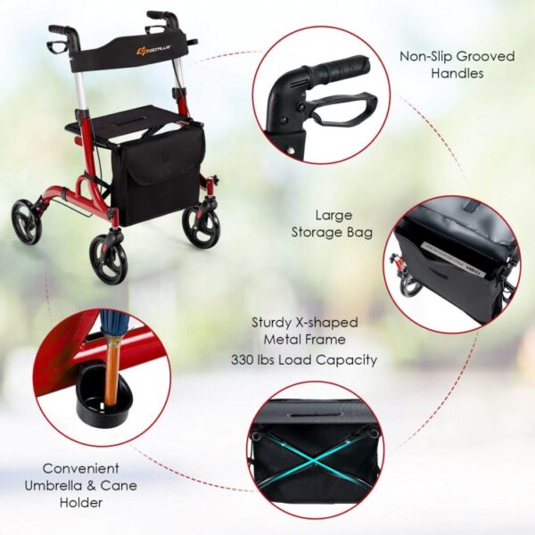 Folding Aluminum Rollator Walker with 8-inch Wheels and Seat - Image 2