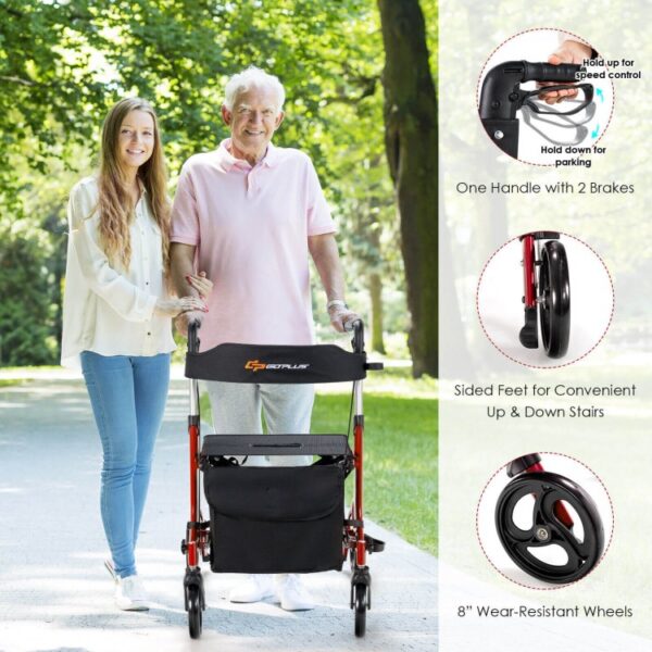 Folding Aluminum Rollator Walker with 8-inch Wheels and Seat - Image 7