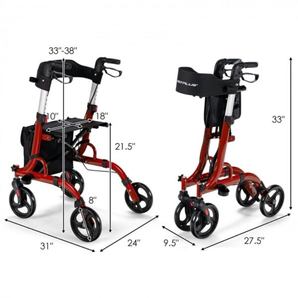 Folding Aluminum Rollator Walker with 8-inch Wheels and Seat - Image 4